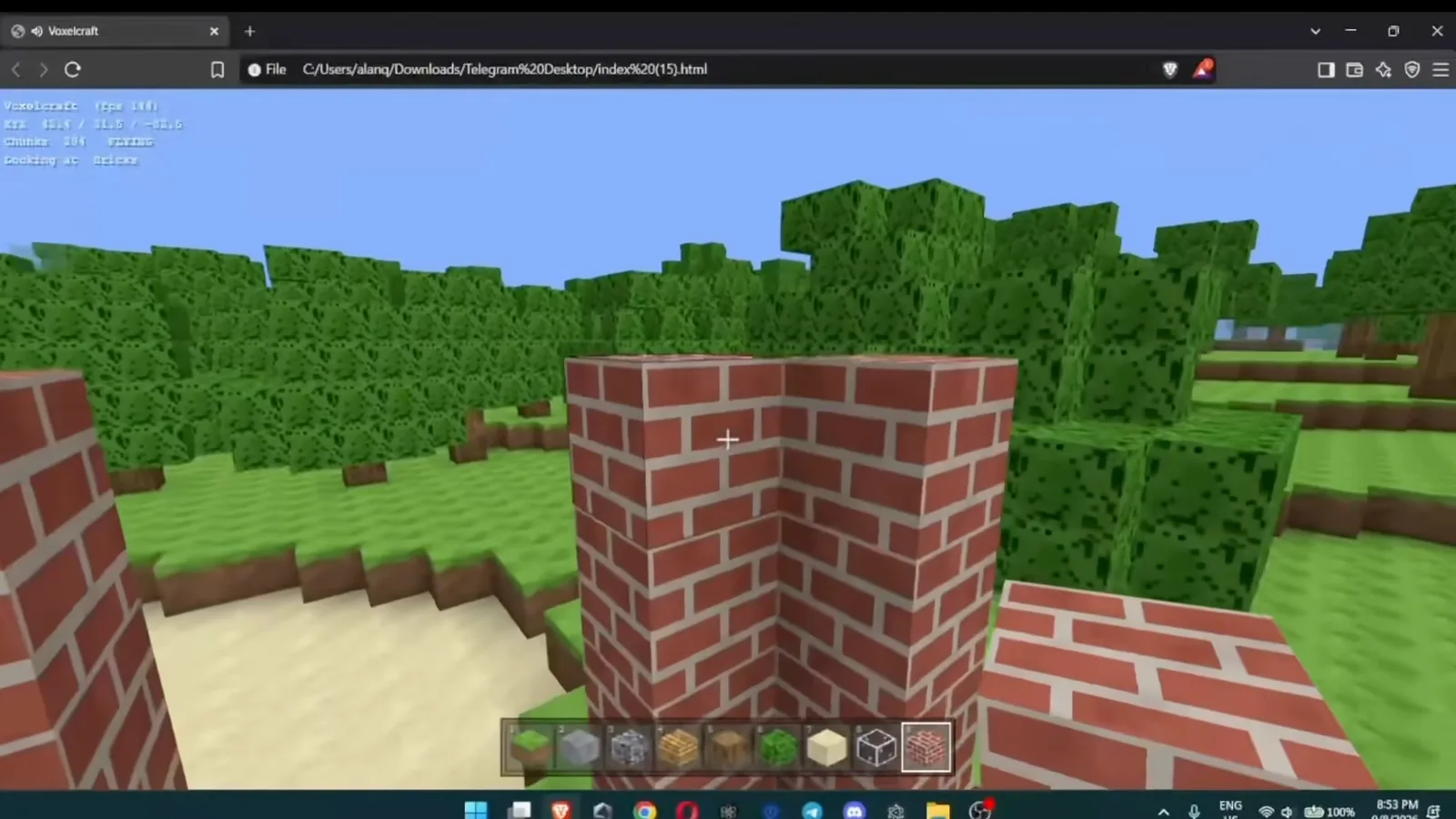DeepSeek V4.1 Flash 用约八分钟生成的 Minecraft 风格沙盒，砖块可放置，界面带物品栏