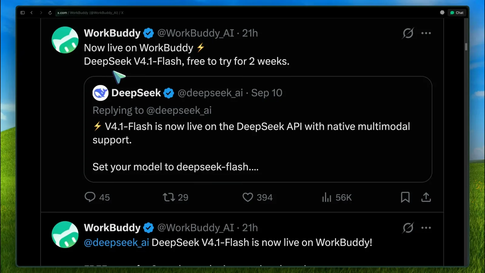 X 上的 WorkBuddy 帖子宣布 DeepSeek V4.1-Flash 免费试用两周，下方是 DeepSeek 官方关于原生视觉的回复