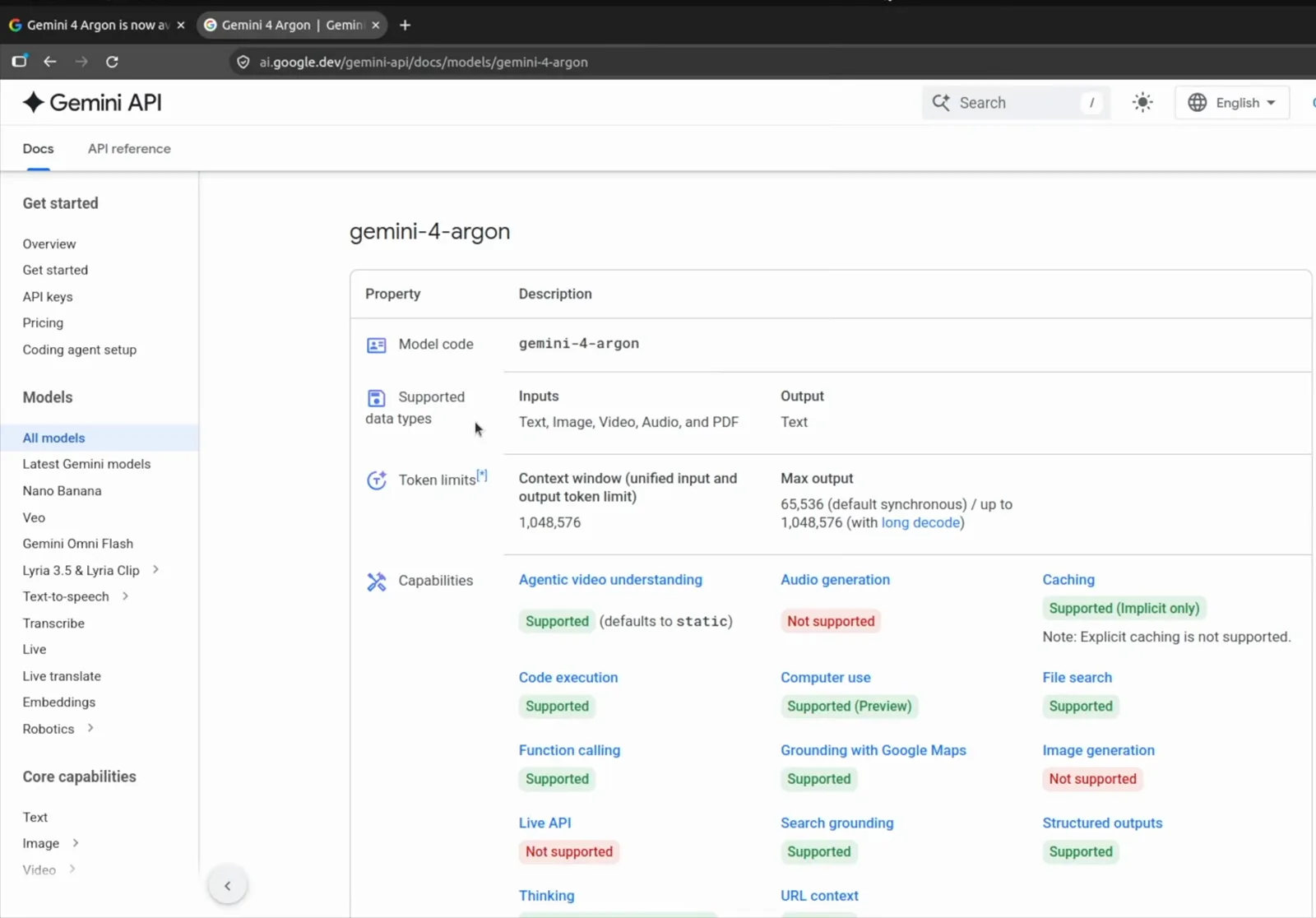 Gemini API 文档的 gemini-4-argon 页面确认了 1,048,576 token 上下文窗口、默认输出 65,536，以及文本、图片、视频、音频、PDF 五种输入。