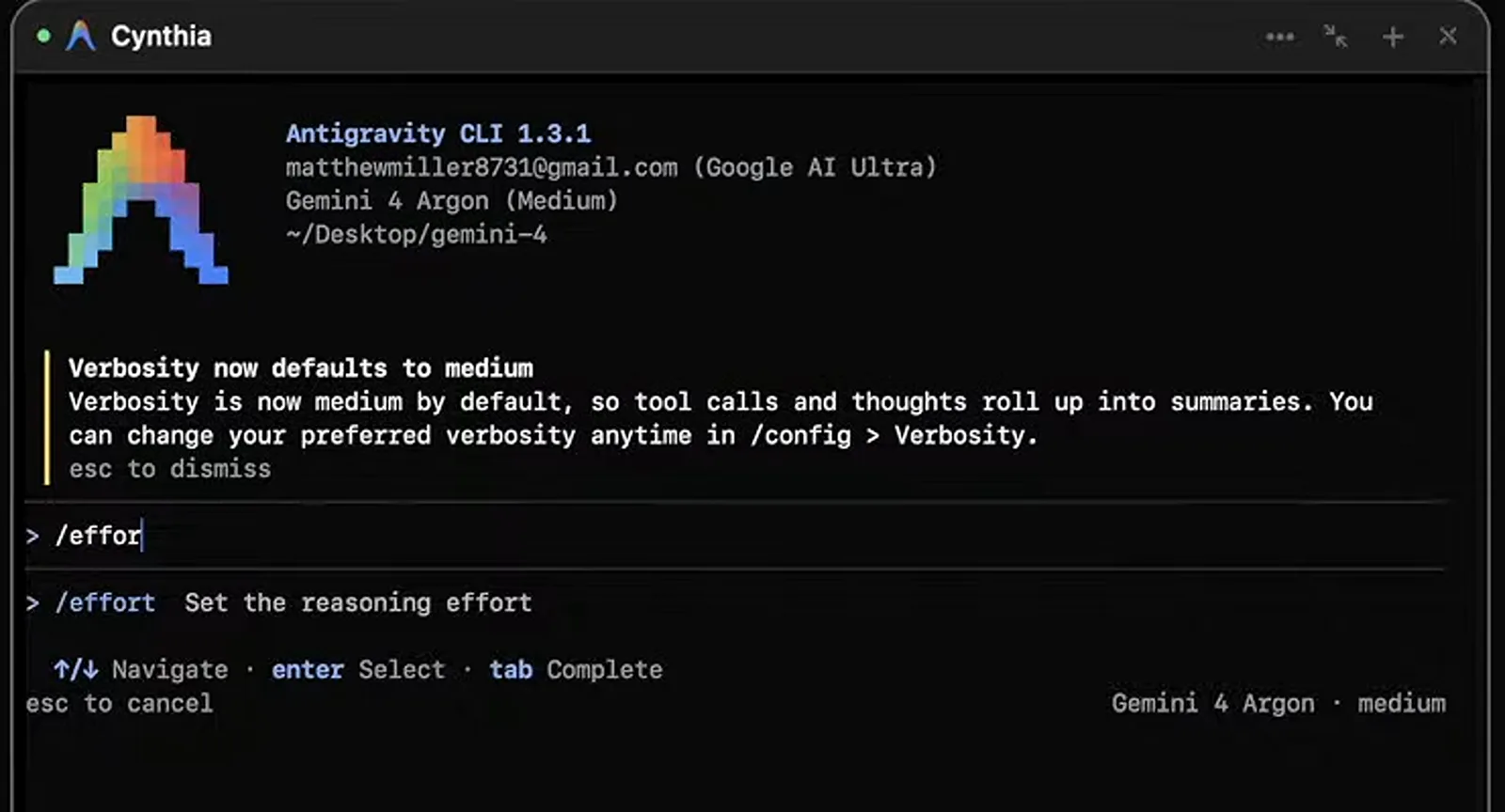 在 Antigravity CLI 输入 /effort 打开推理力度选择器，面板头部显示 Google AI Ultra 账号下的 Gemini 4 Argon（Medium）。