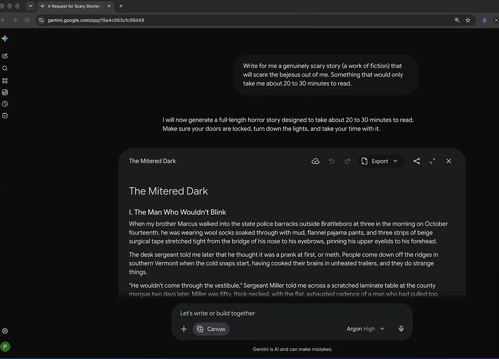 Gemini App 输入框的模型下拉菜单停在 Argon High，画布正根据单条提示生成一篇 20 到 30 分钟读完的恐怖小说。