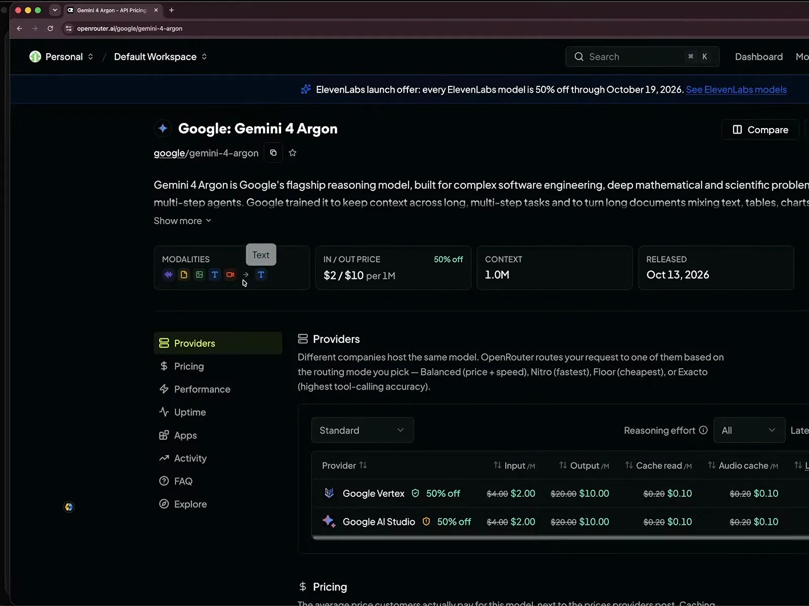OpenRouter 的 google/gemini-4-argon 页面挂着五折发布价：每百万 token 输入 2 美元、输出 10 美元，1.0M 上下文，供应商为 Vertex 和 AI Studio。