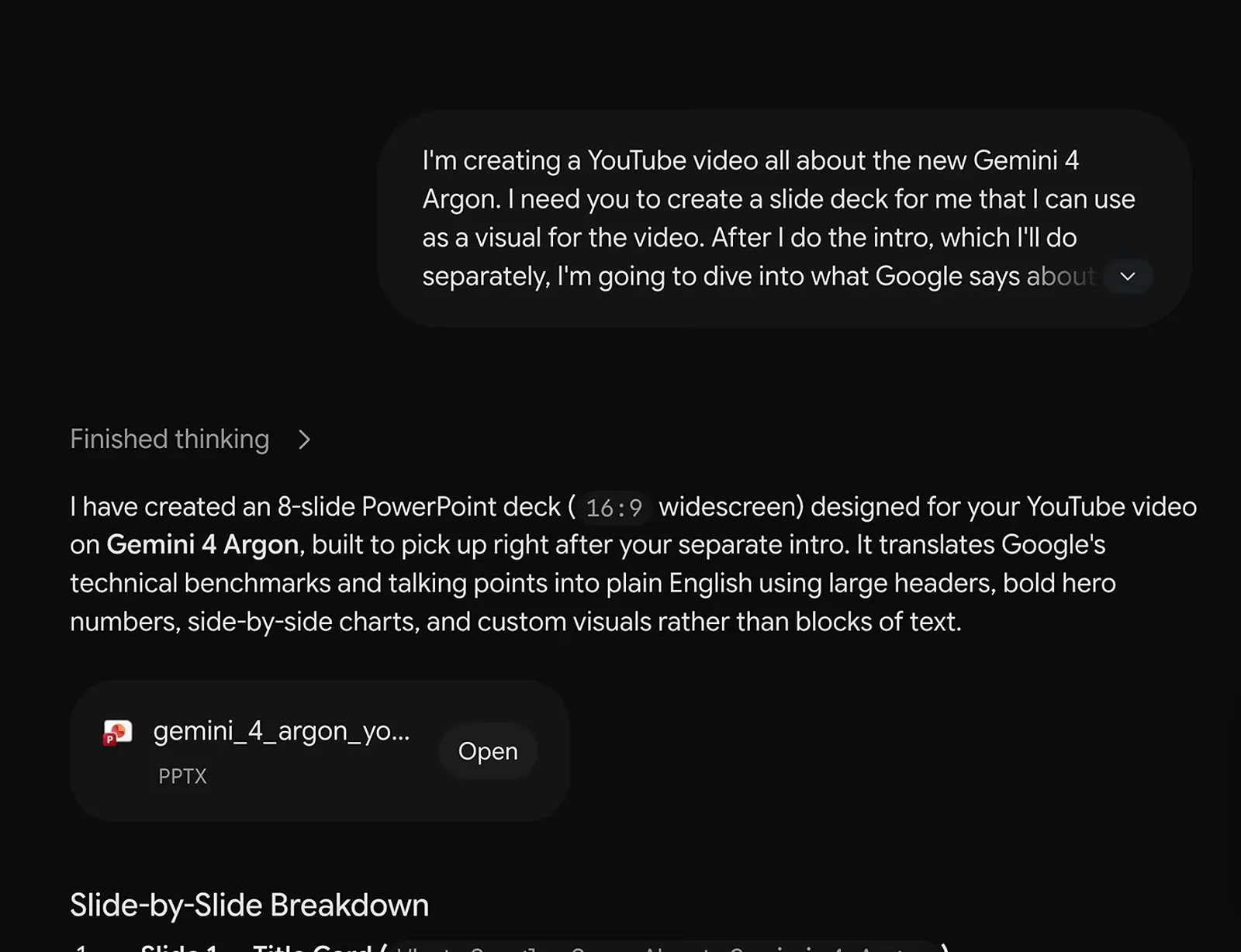 向 Gemini 索要研究和幻灯片，返回一份关于 Gemini 4 Argon 的 8 页 16:9 PPTX，带 Open 按钮和逐页说明。