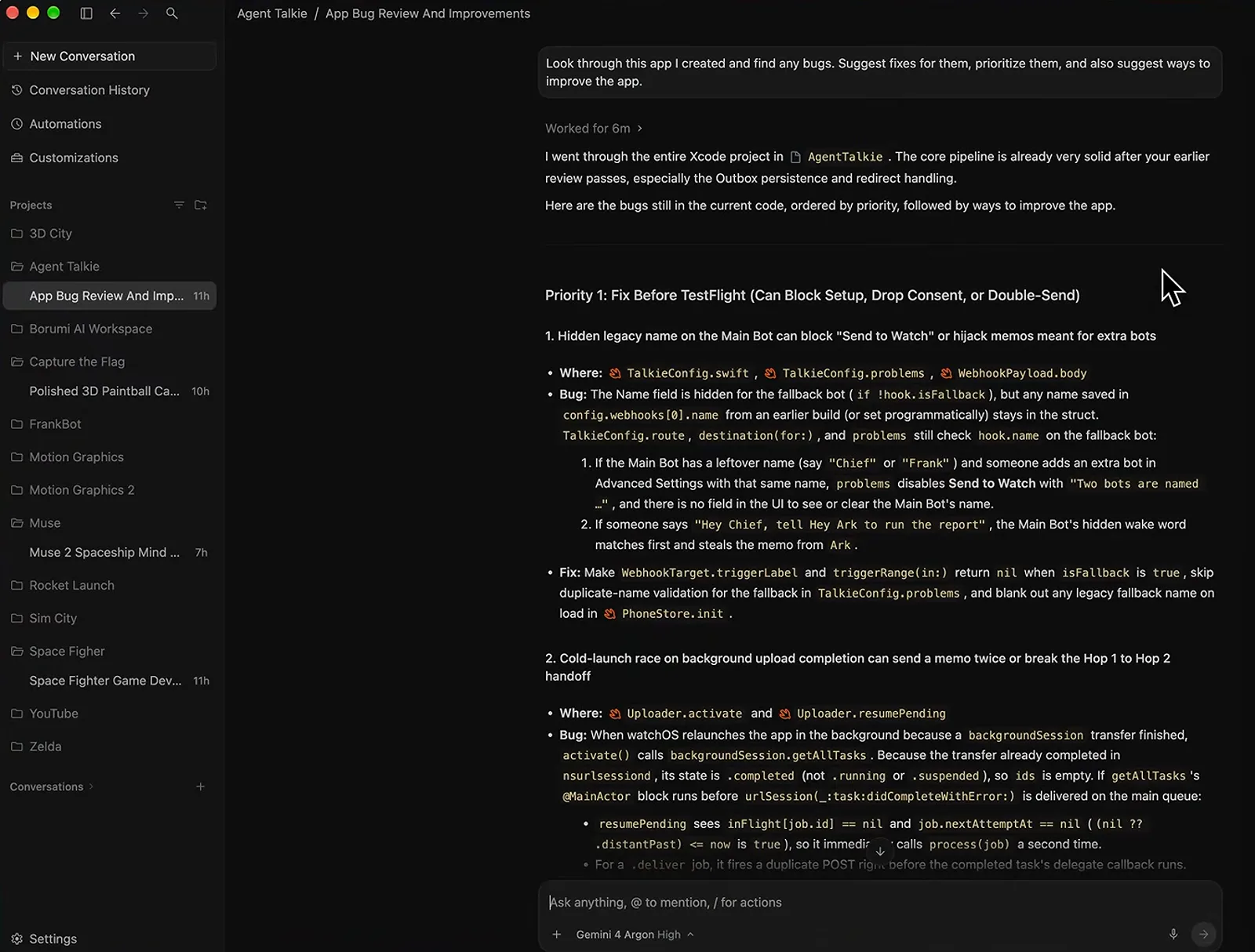 Antigravity 对一款 Apple Watch App 的缺陷审查给出 Priority 1 问题清单，点名 TalkieConfig.swift 和 WebhookPayload.body，用时六分钟。