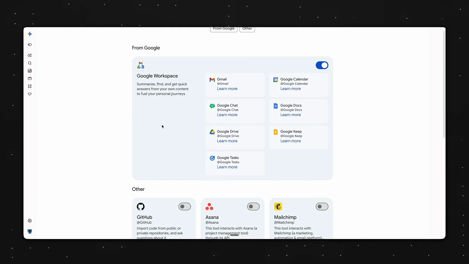 Gemini 应用连接页的 Other 分组下只有 GitHub、Asana、Mailchimp 等少量第三方集成