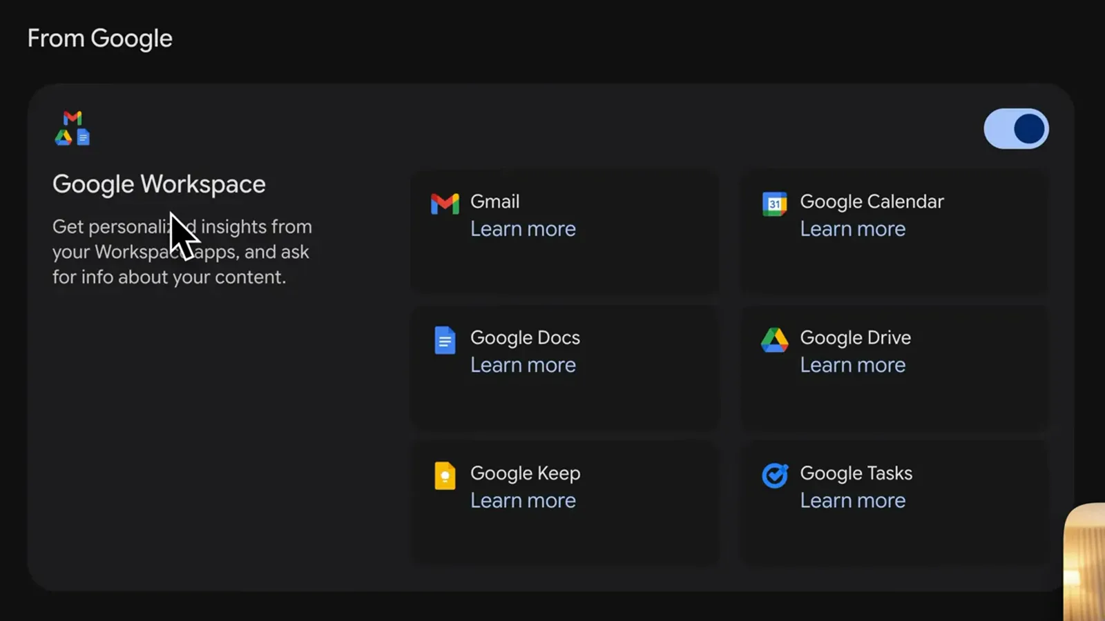 Gemini 应用连接设置页显示 Google Workspace 总开关，旁边是 Gmail、日历、文档、云端硬盘、Keep 和 Tasks 卡片
