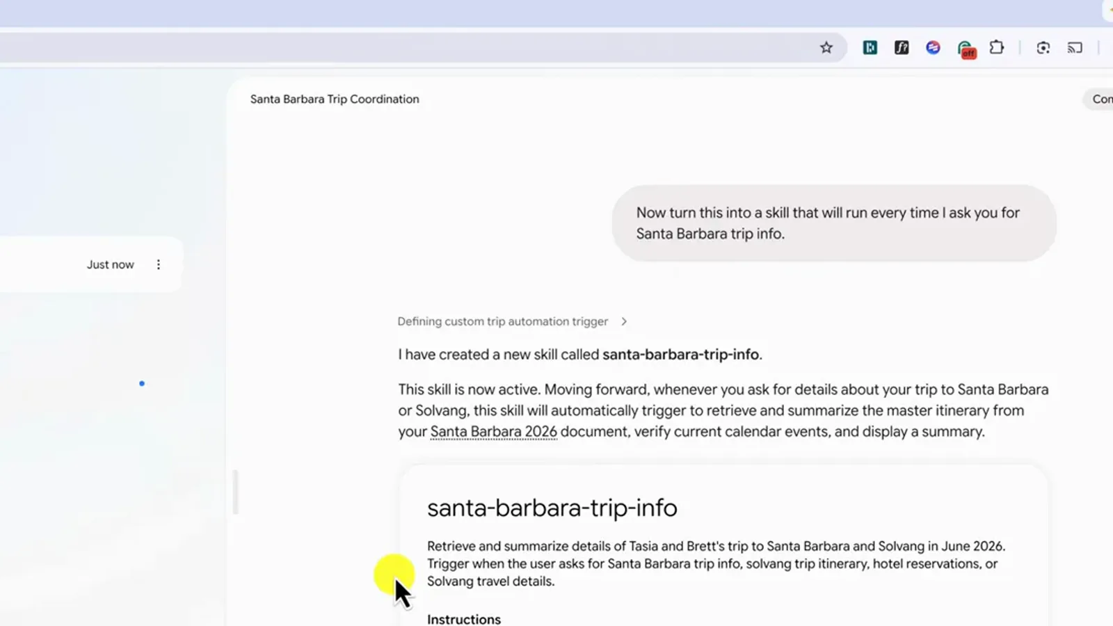 Gemini Spark 对话确认新建了名为 santa-barbara-trip-info 的技能卡，卡上列出触发条件和说明