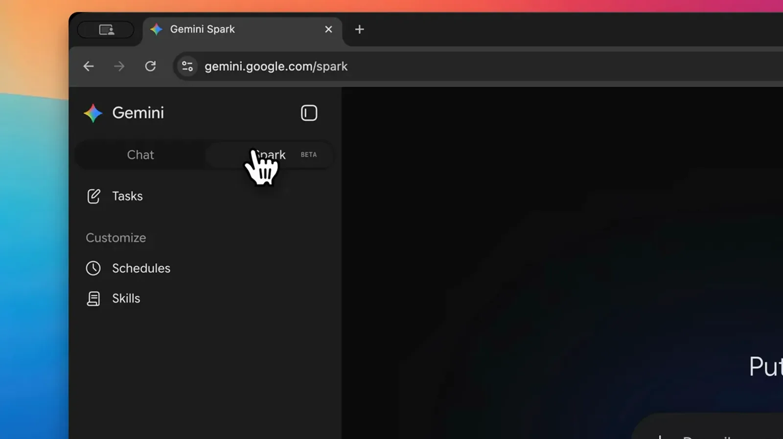 Gemini 网页版侧边栏把 Chat/Spark 开关切到 Spark，下方是任务、定时和技能菜单