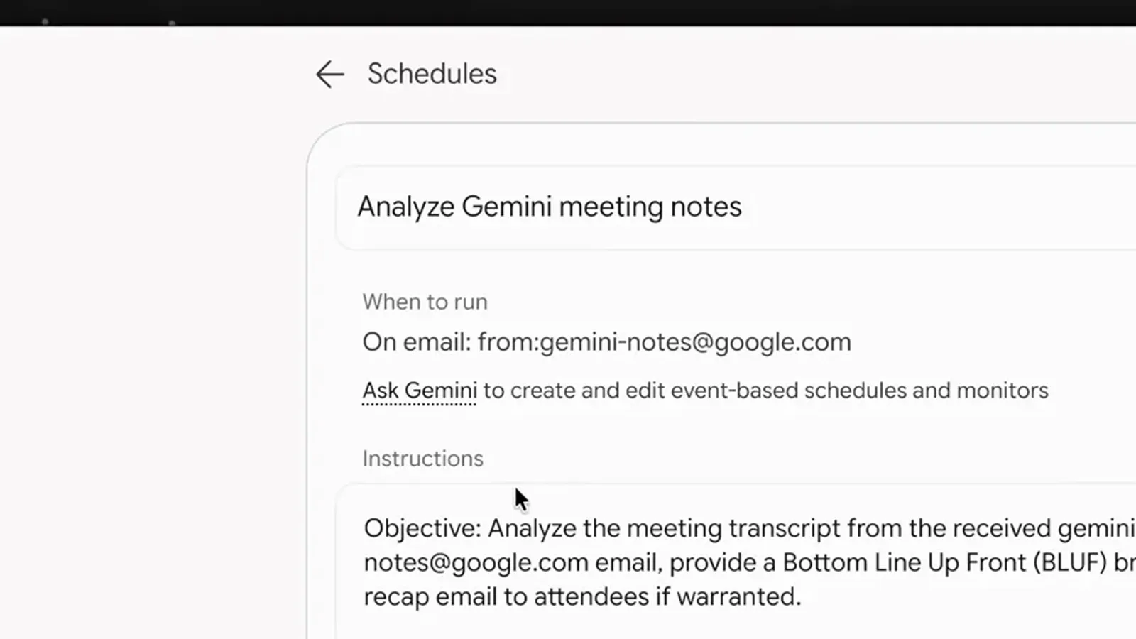Gemini 定时详情页显示 Analyze Gemini meeting notes 日程的邮件触发条件和结论先行的执行步骤