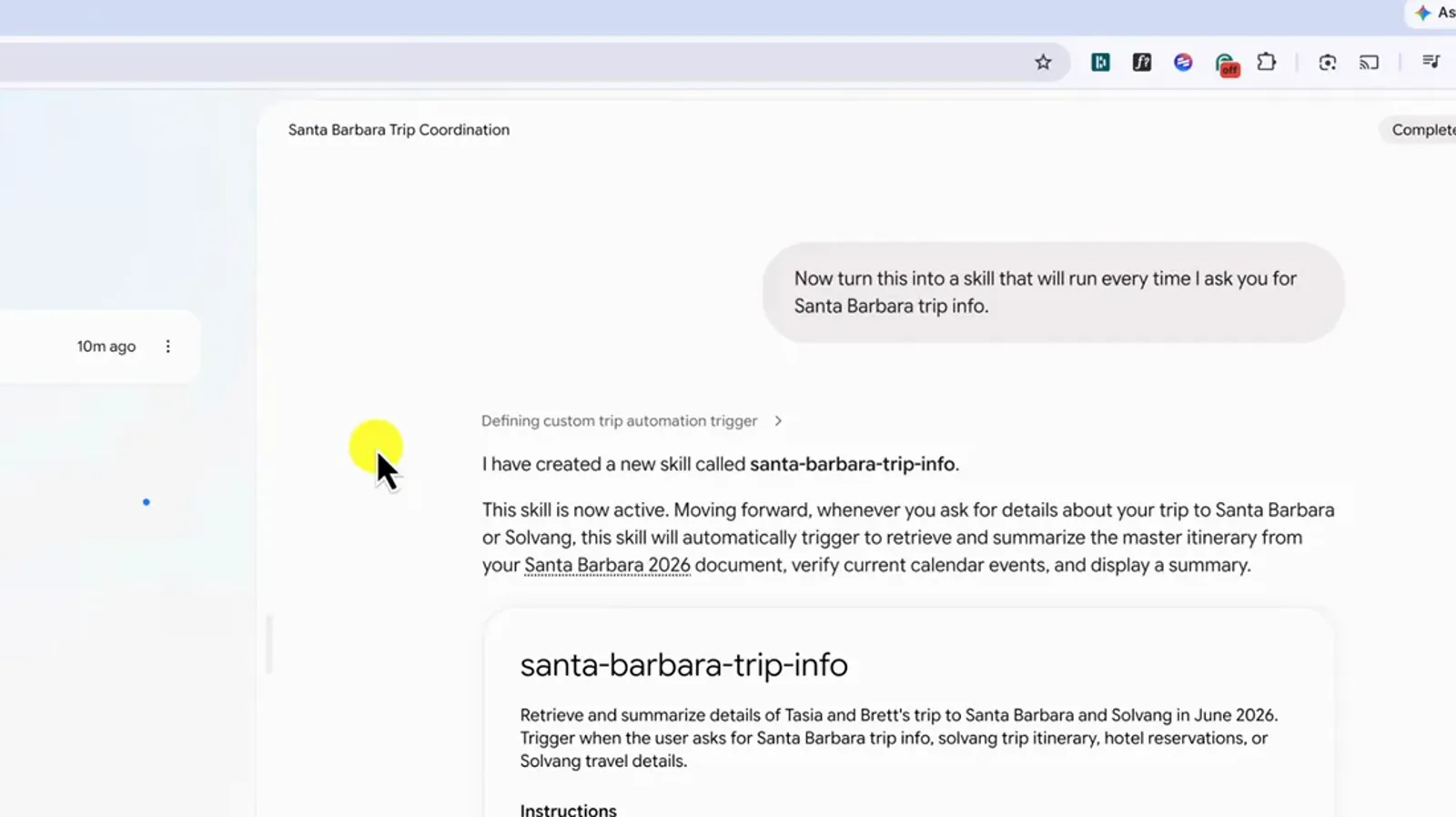Gemini Spark 的 santa-barbara-trip-info 技能卡展示触发条件与执行说明