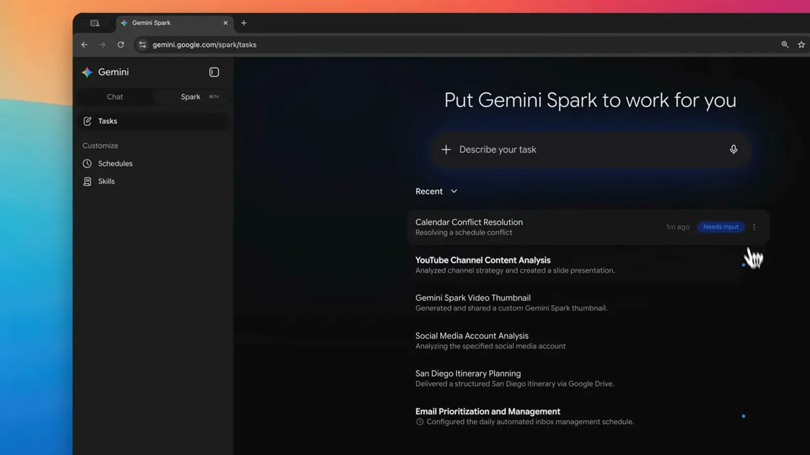 Gemini Spark 最近任务列表中 Calendar Conflict Resolution 任务带 Needs input 徽标