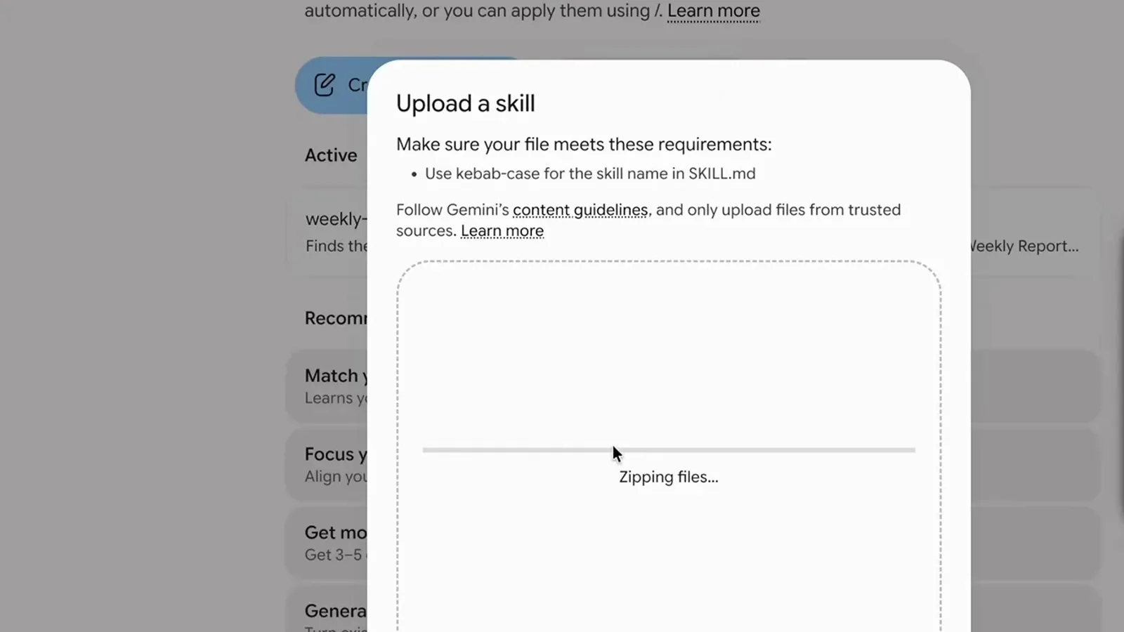 Gemini 的 Upload a skill 弹窗要求提供 SKILL.md 标注的 markdown 文件，页面显示 Zipping files 进度