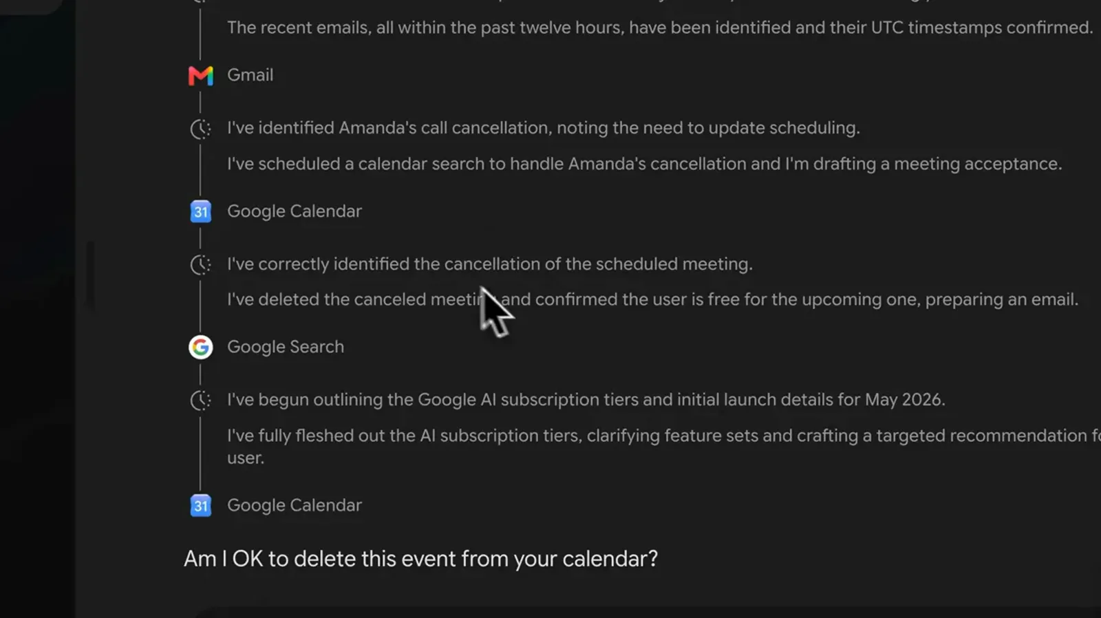 Gemini Spark 任务执行轨迹依次列出 Gmail、Google 日历和 Google 搜索的查证步骤