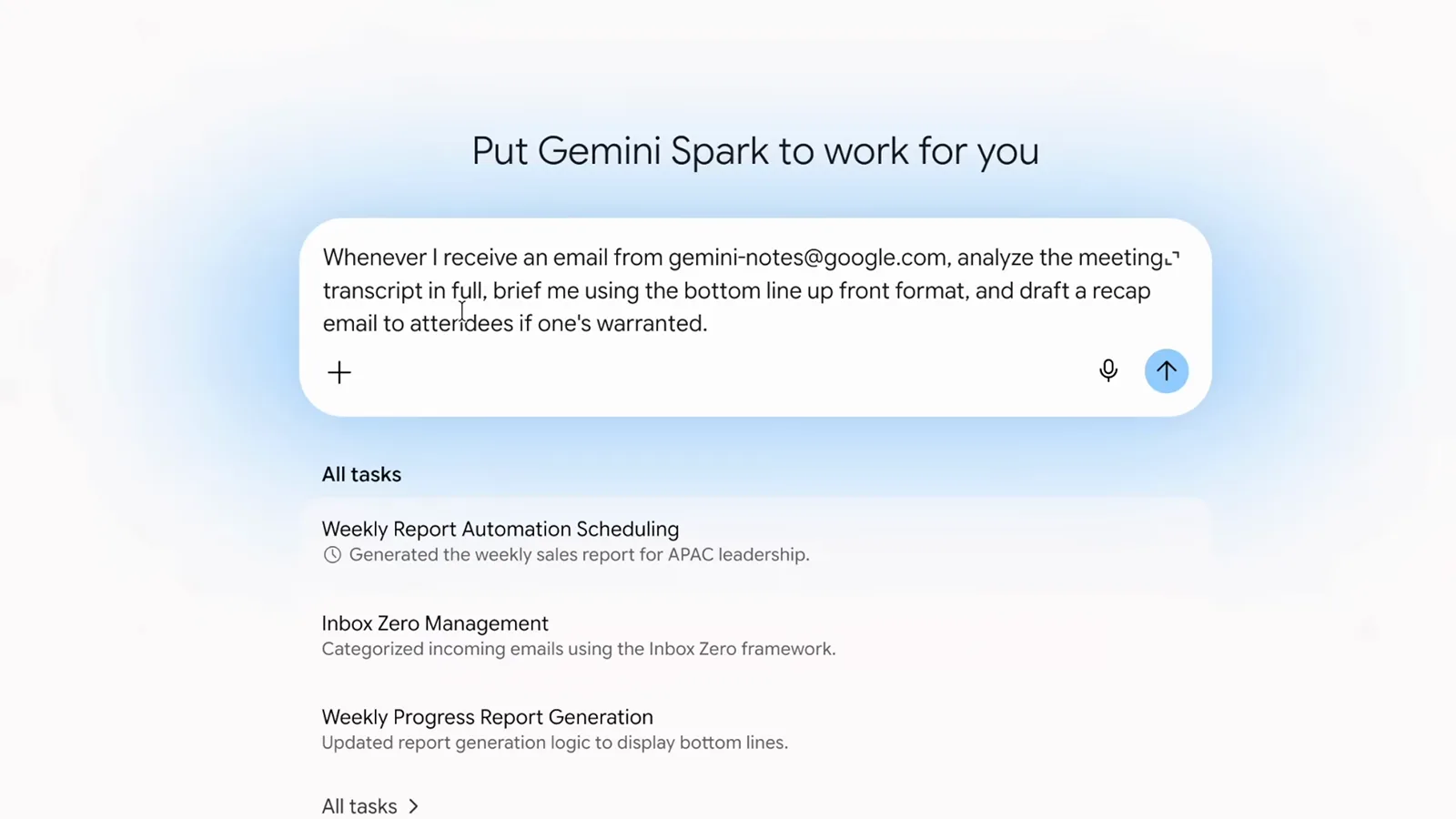 Gemini Spark 输入框内写着监听 gemini-notes@google.com 邮件的事件触发指令