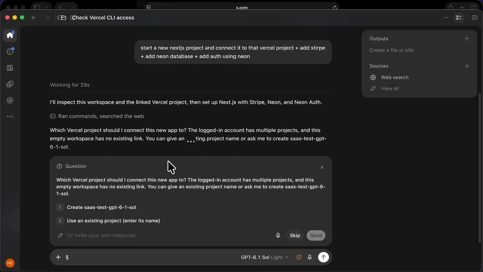 Codex question dialog asking which Vercel project to connect, with numbered options to create a new project or reuse an existing one