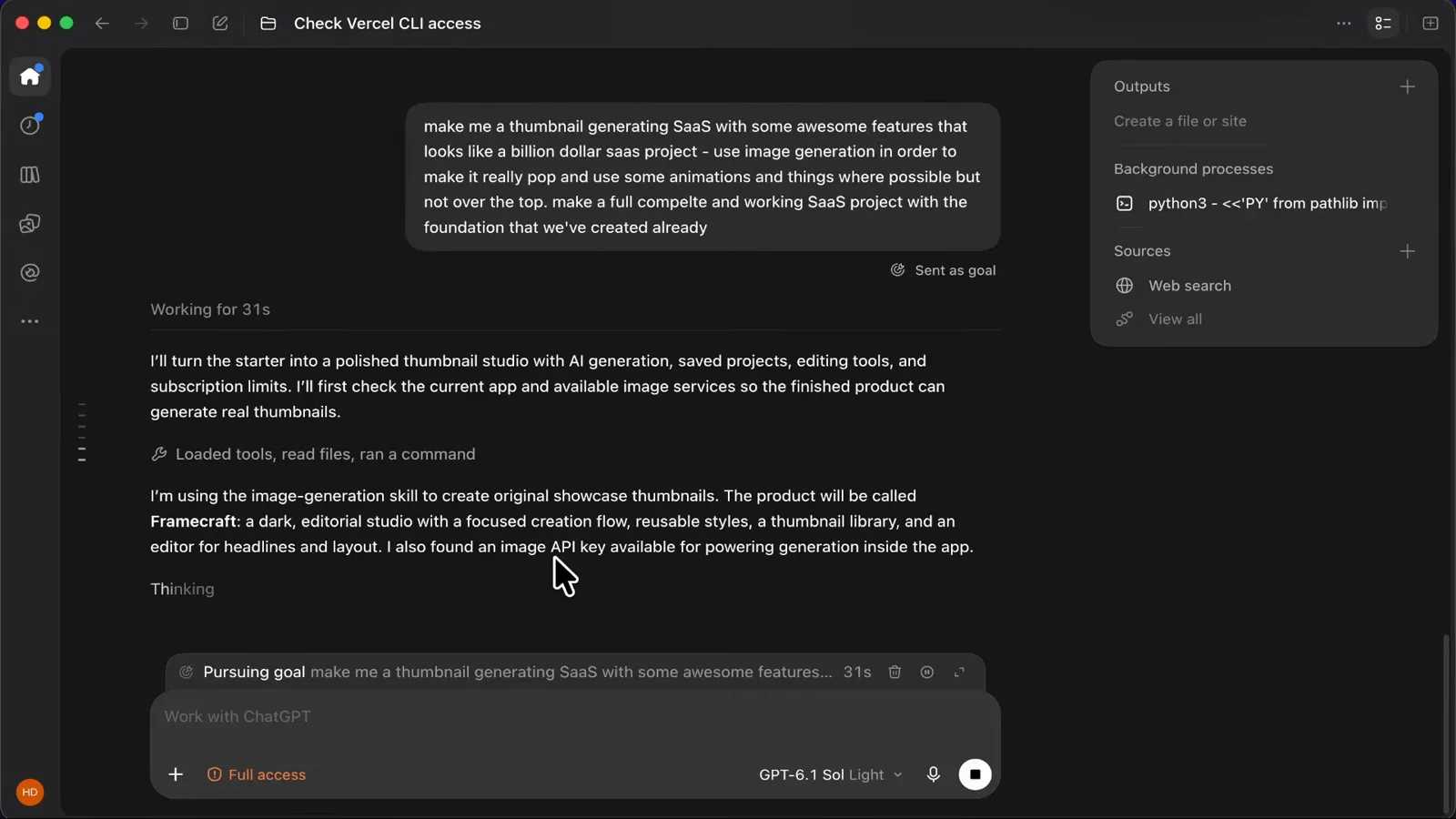 Codex goal progress view showing the pursuing goal status with the thumbnail studio plan and AI generation steps listed
