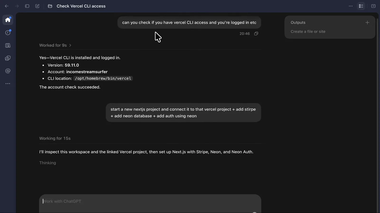 Codex composer with the compound prompt to start a Next.js project and connect the Vercel project, Stripe and a Neon database