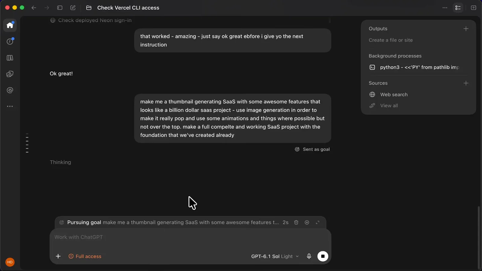 Codex composer with the thumbnail-generating SaaS brief and the Send as goal button ready to start the unattended run