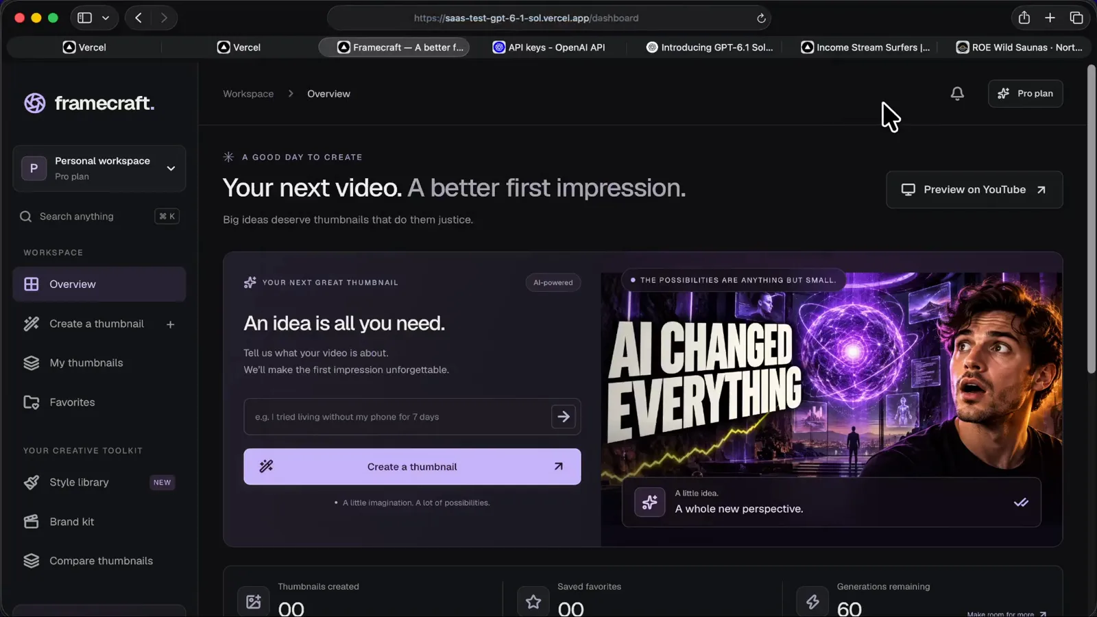 Generated thumbnail studio landing page with the Your next video a better first impression headline, sample thumbnails and a Create a thumbnail button