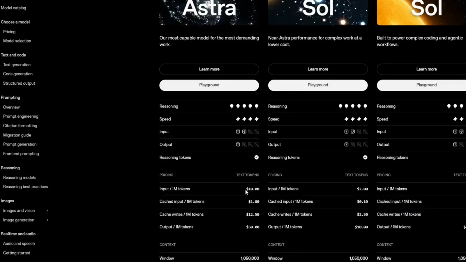 OpenAI developer model catalog comparing GPT-6 Astra at $10 input and $50 output per million tokens with GPT-6.1 Sol at $2 and $10