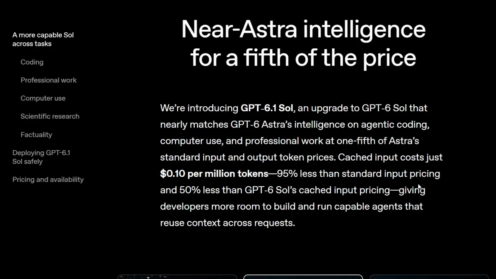GPT-6.1 Sol announcement intro paragraph with the one-fifth of Astra prices and the $0.10 per million cached input claim in bold