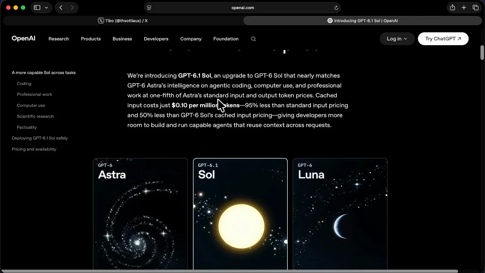OpenAI launch page showing GPT-6 Astra, GPT-6.1 Sol and GPT-6 Luna model cards with galaxy, sun and crescent moon artwork