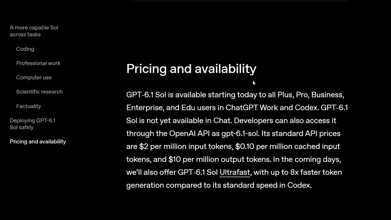 Pricing and availability section of the GPT-6.1 Sol announcement listing ChatGPT Work, Codex and API access under the gpt-6.1-sol model id