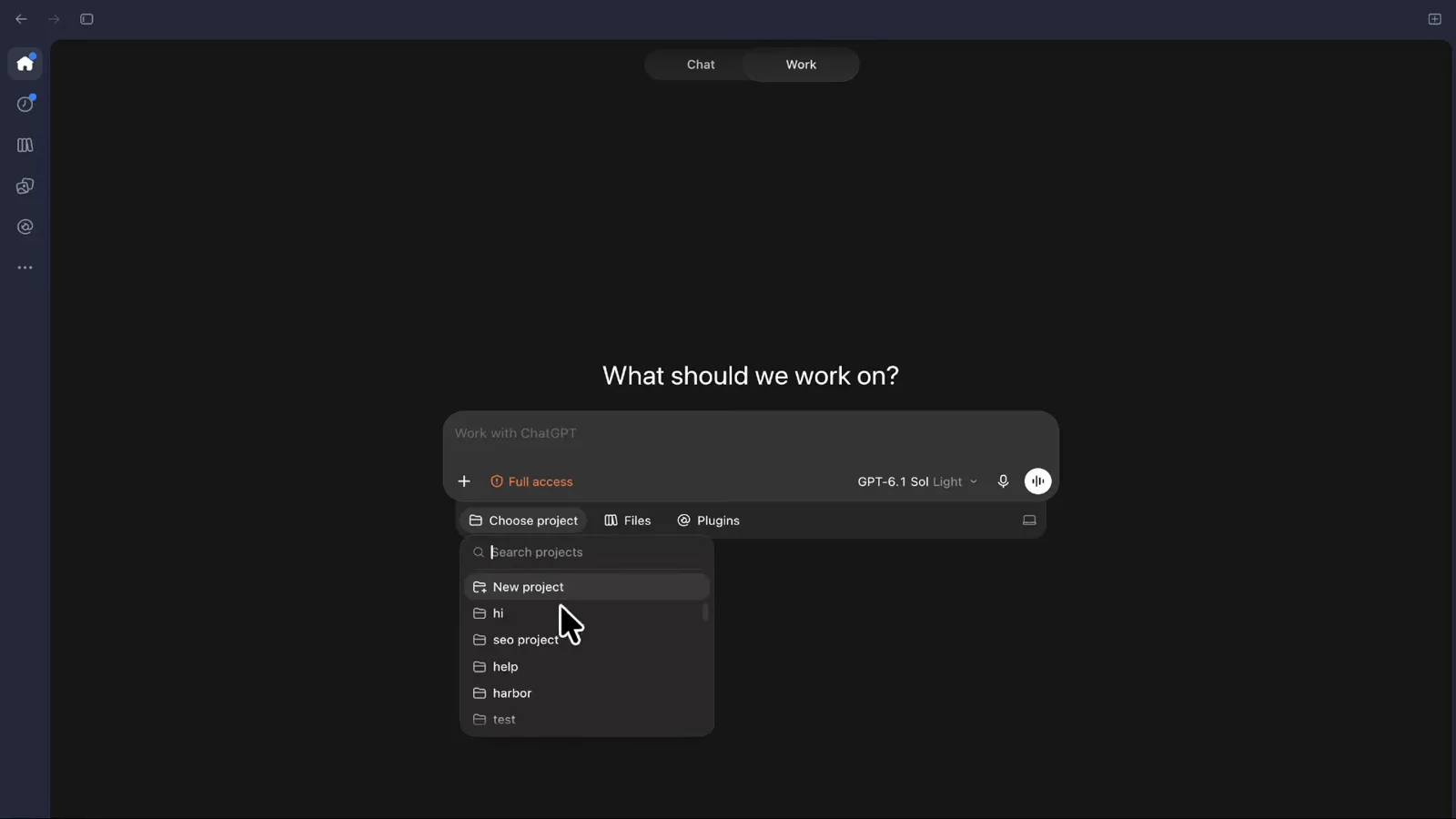 ChatGPT Work composer asking what should we work on with the GPT-6.1 Sol Light model pill and Full access toggle enabled