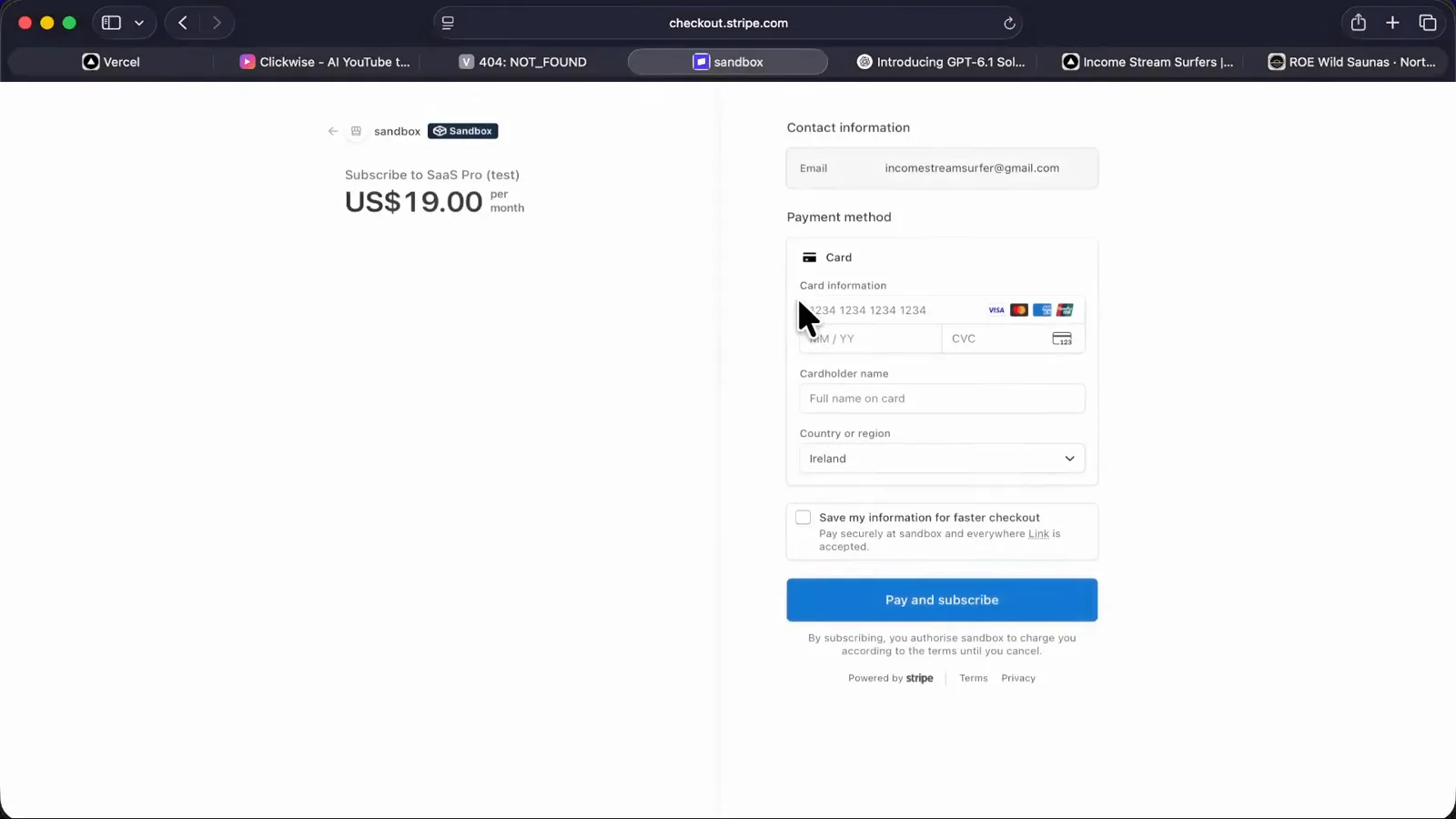 Stripe sandbox checkout for the generated SaaS showing Subscribe to SaaS Pro at US$19.00 per month with card fields and a Pay and subscribe button