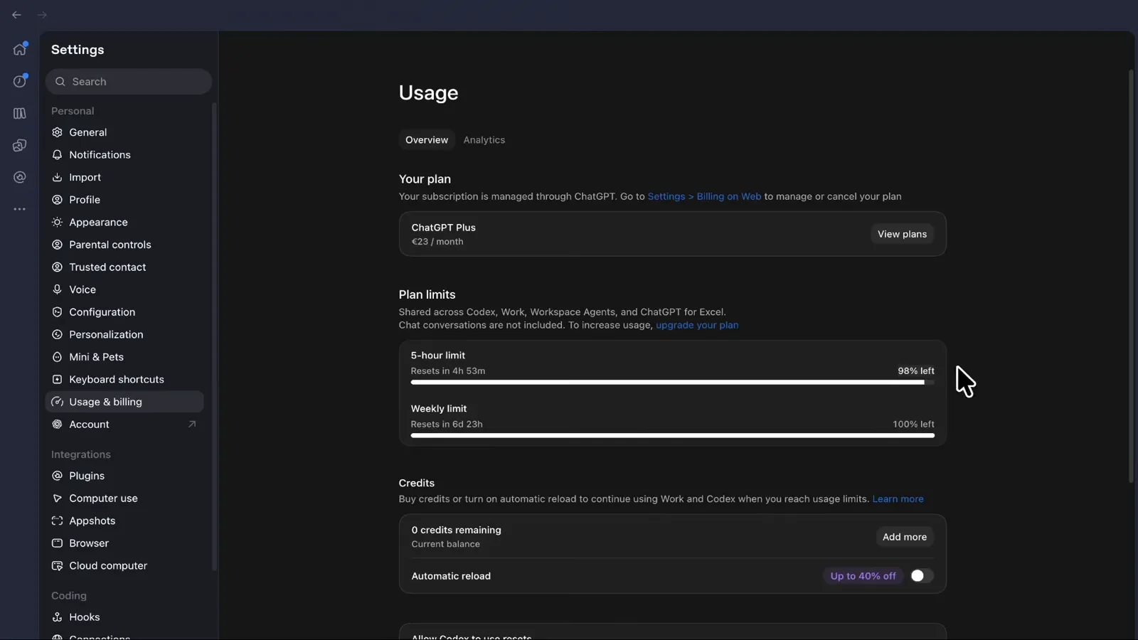 ChatGPT Settings usage page showing the ChatGPT Plus plan at 23 euros a month with the 5-hour Codex limit at 98 percent left