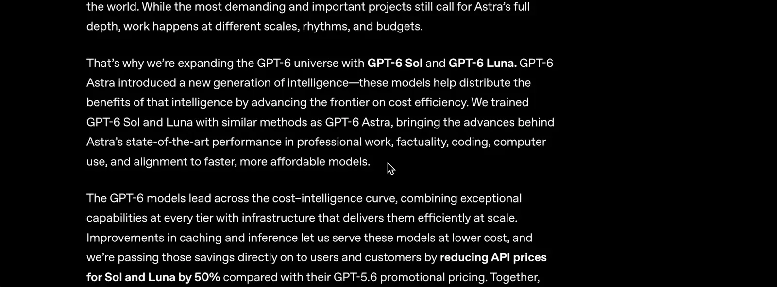 Launch post paragraphs introducing GPT-6 Sol and GPT-6 Luna with the reducing API prices by 50 percent line in bold