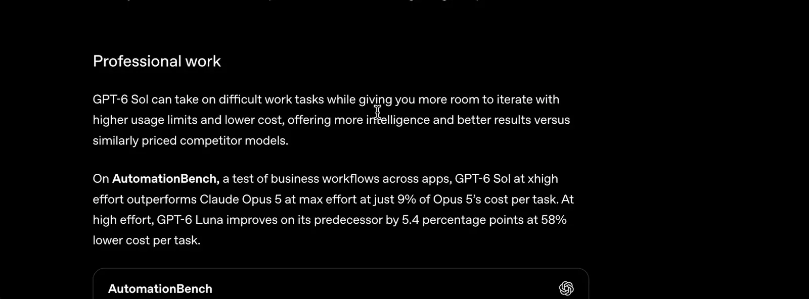 Professional work paragraphs on the launch page quantifying GPT-6 Luna's AutomationBench gain at 5.4 points for 58 percent less per task