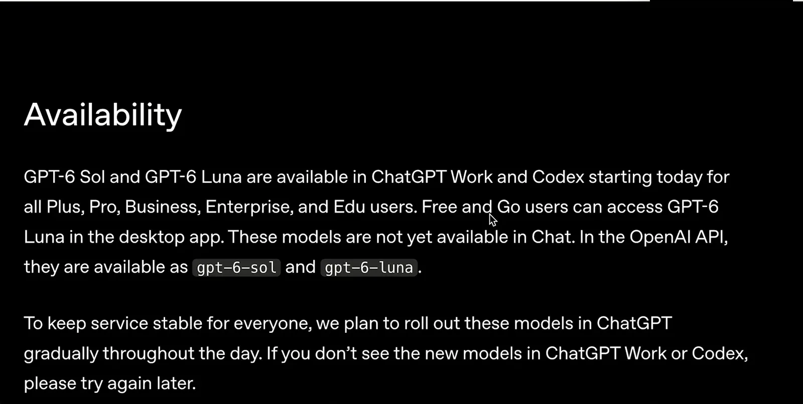 OpenAI availability note listing ChatGPT Work and Codex for paid plans and desktop app access to GPT-6 Luna for Free and Go users
