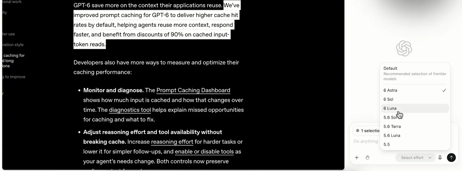 ChatGPT Chrome extension popup with its model menu open showing 6 Luna selected under the Default recommended set