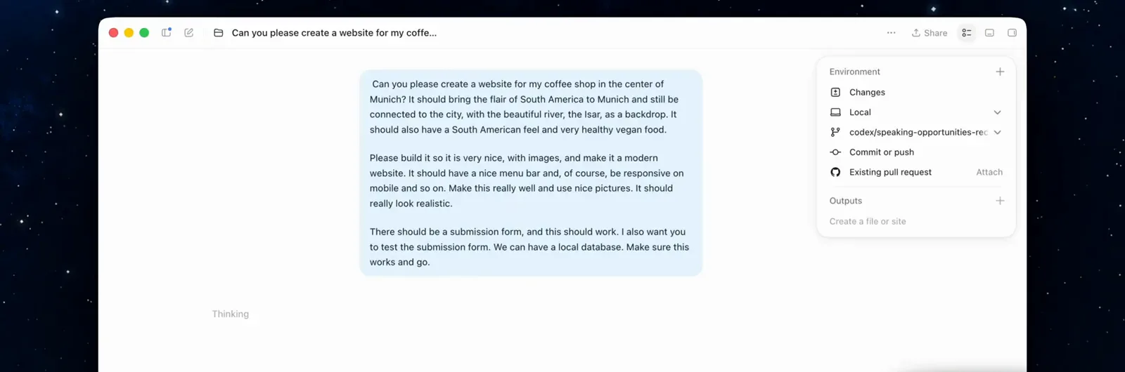 Codex task view with the coffee shop brief card, a Thinking status line and the Environment sidebar showing changes and commit options