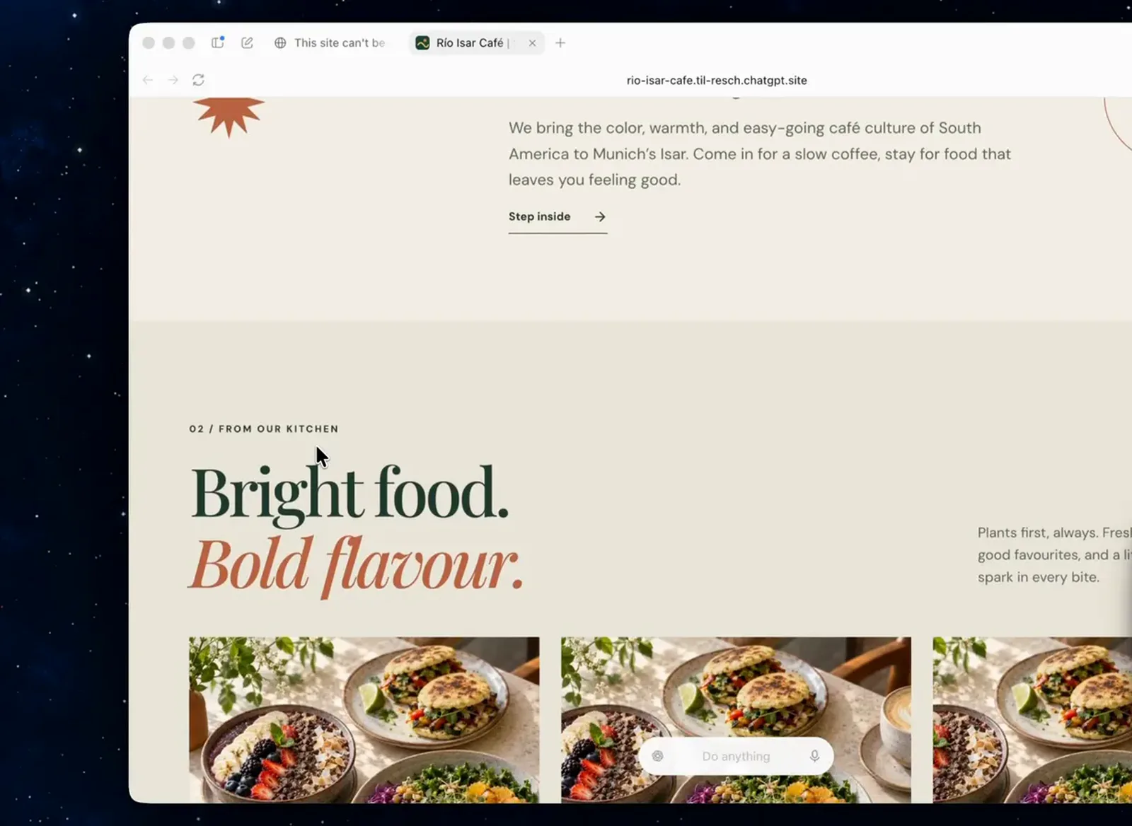 Codex preview browser showing the generated Rio Isar Cafe website with the Bright food. Bold flavour. headline and dish photography