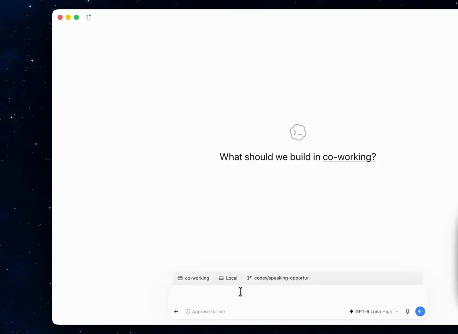 Codex new thread screen asking what should we build in co-working with a GPT-6 Luna High pill in the composer footer