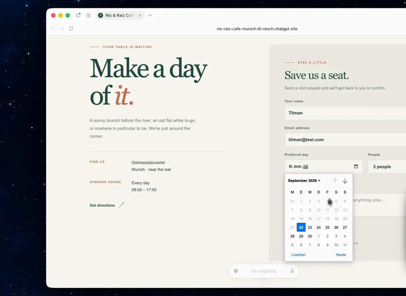 Reservation form on a Codex generated cafe site with Save us a seat fields filled and a September 2026 date picker open