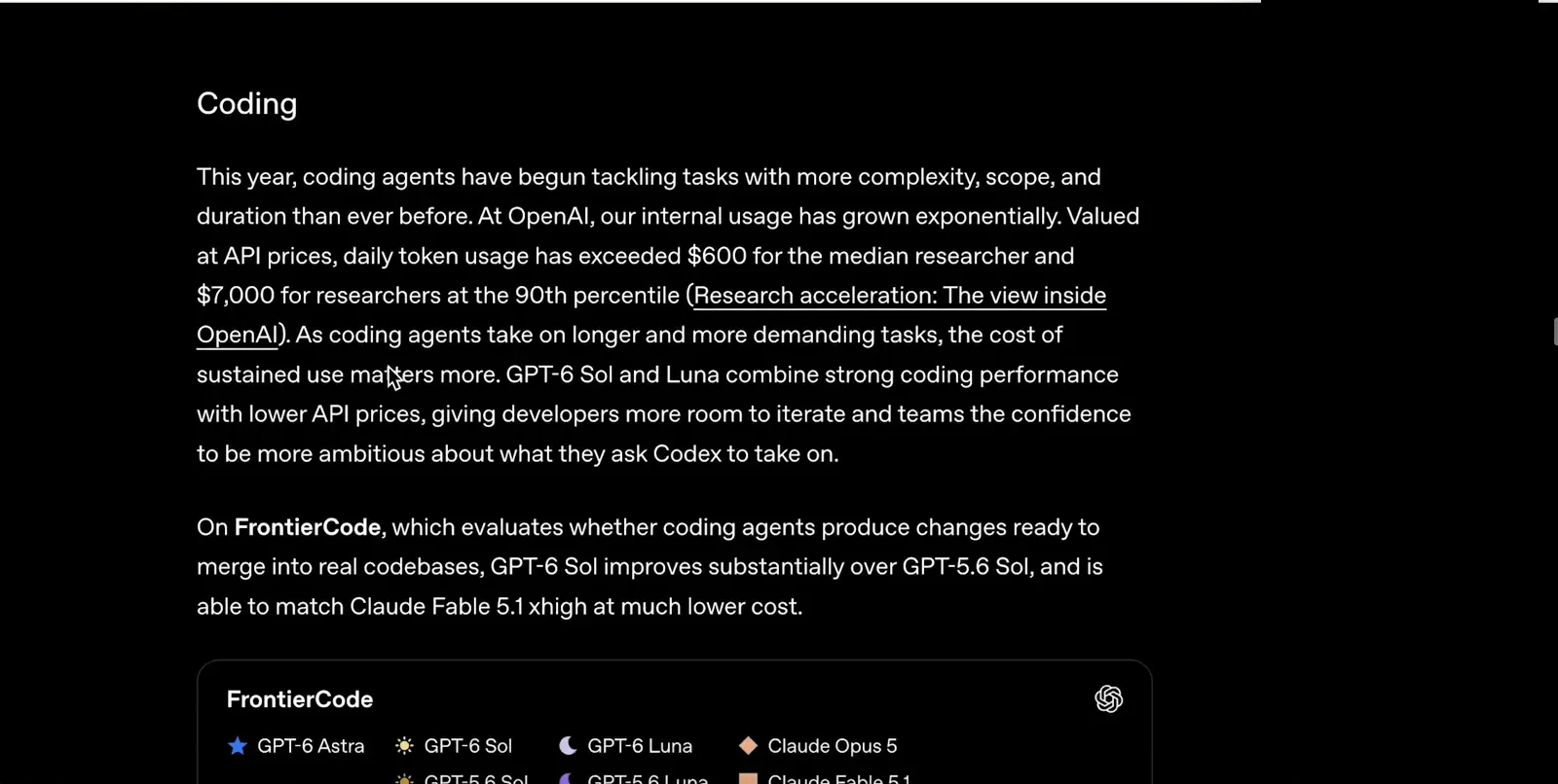 Coding section of the GPT-6 launch noting Sol and Luna combine strong coding performance with lower API prices for Codex work