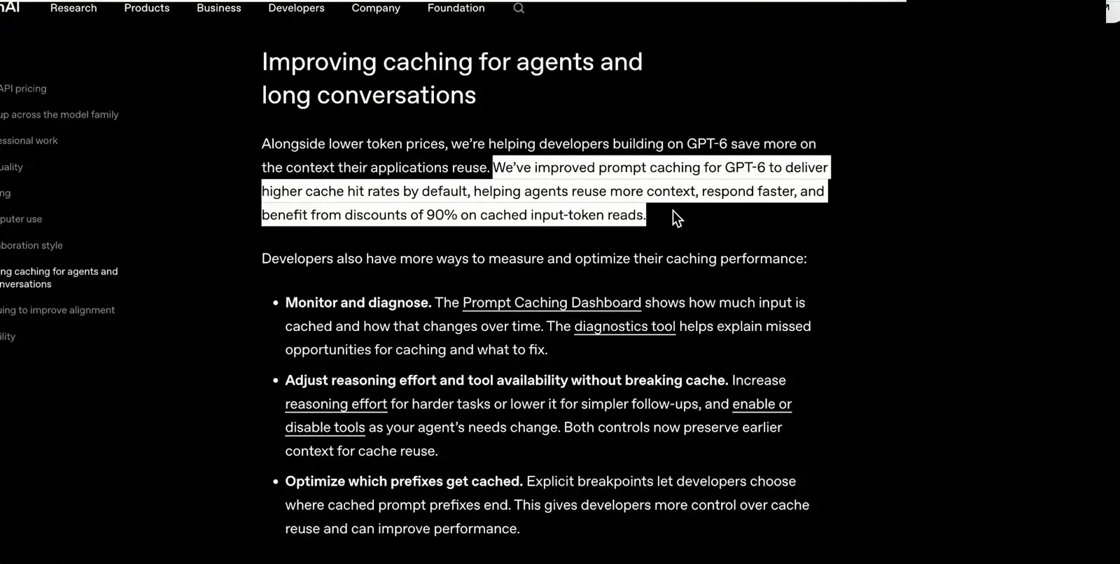Prompt caching paragraph with the 90 percent discount on cached input-token reads highlighted for GPT-6 agents