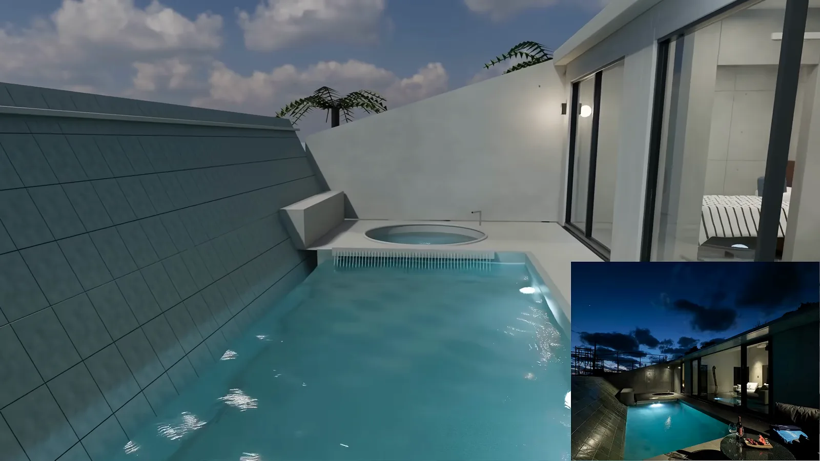 Airbnb 3D 看房渲染出的屋顶泳池，旁边放着真实房源照片做对比