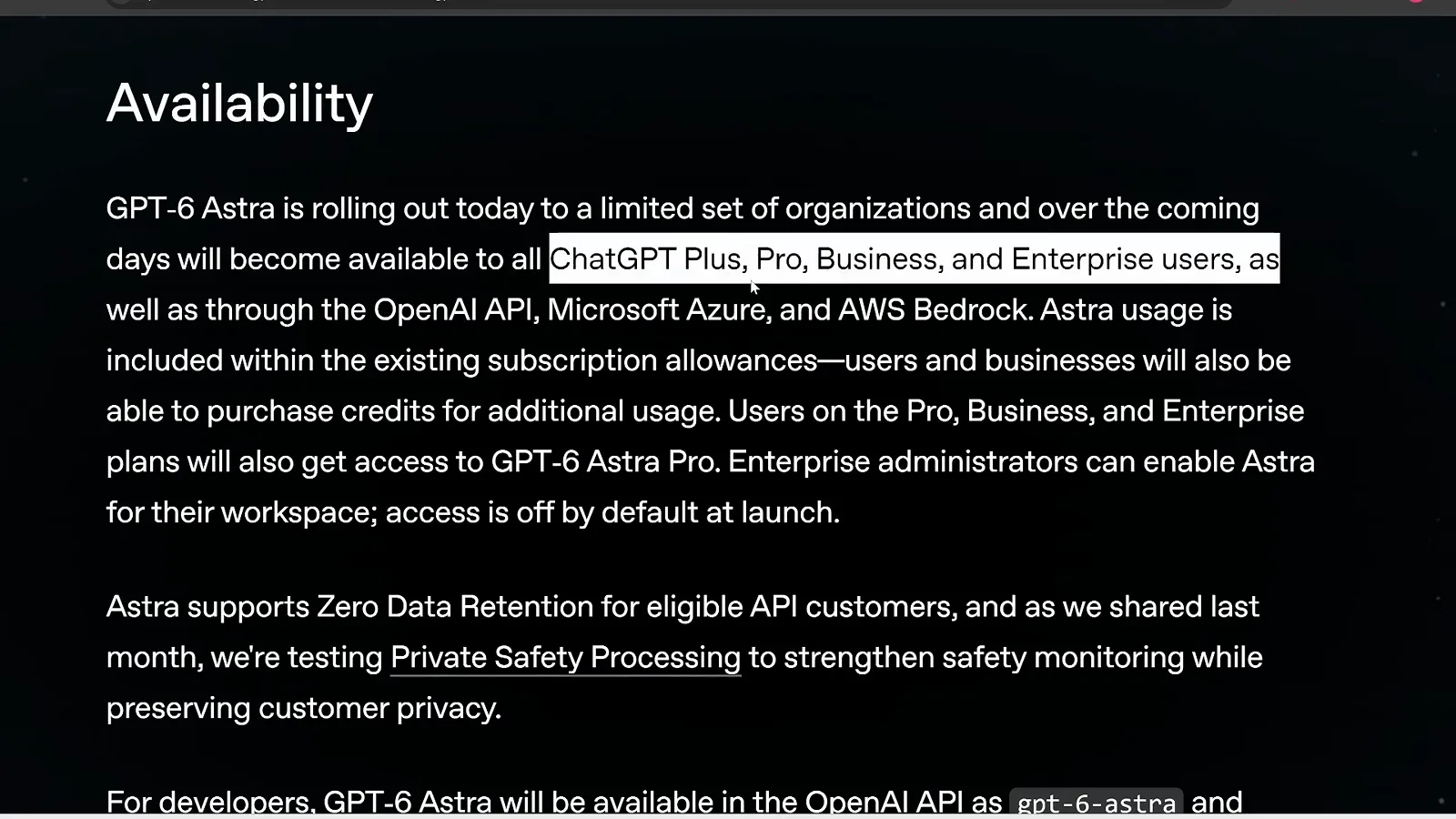 OpenAI 可用性说明页，高亮显示 GPT-6 Astra 将面向 ChatGPT Plus、Pro、Business 和 Enterprise 用户开放