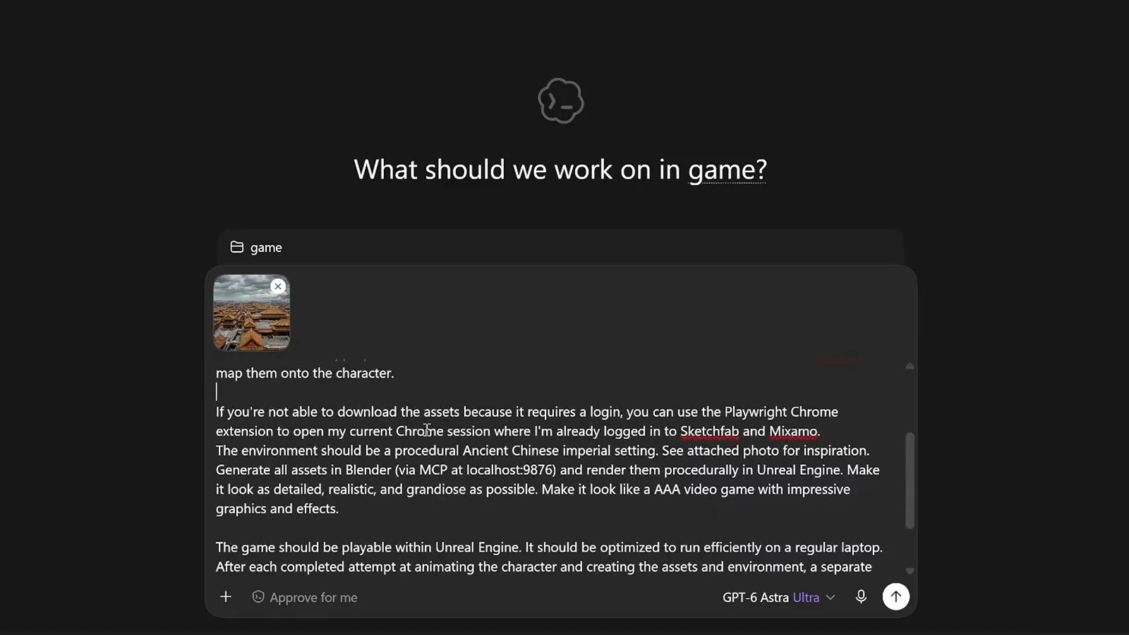 ChatGPT game 项目简报，写有 Sketchfab 和 Mixamo 说明、Blender MCP 地址并附参考图，右下角是 GPT-6 Astra Ultra 徽章