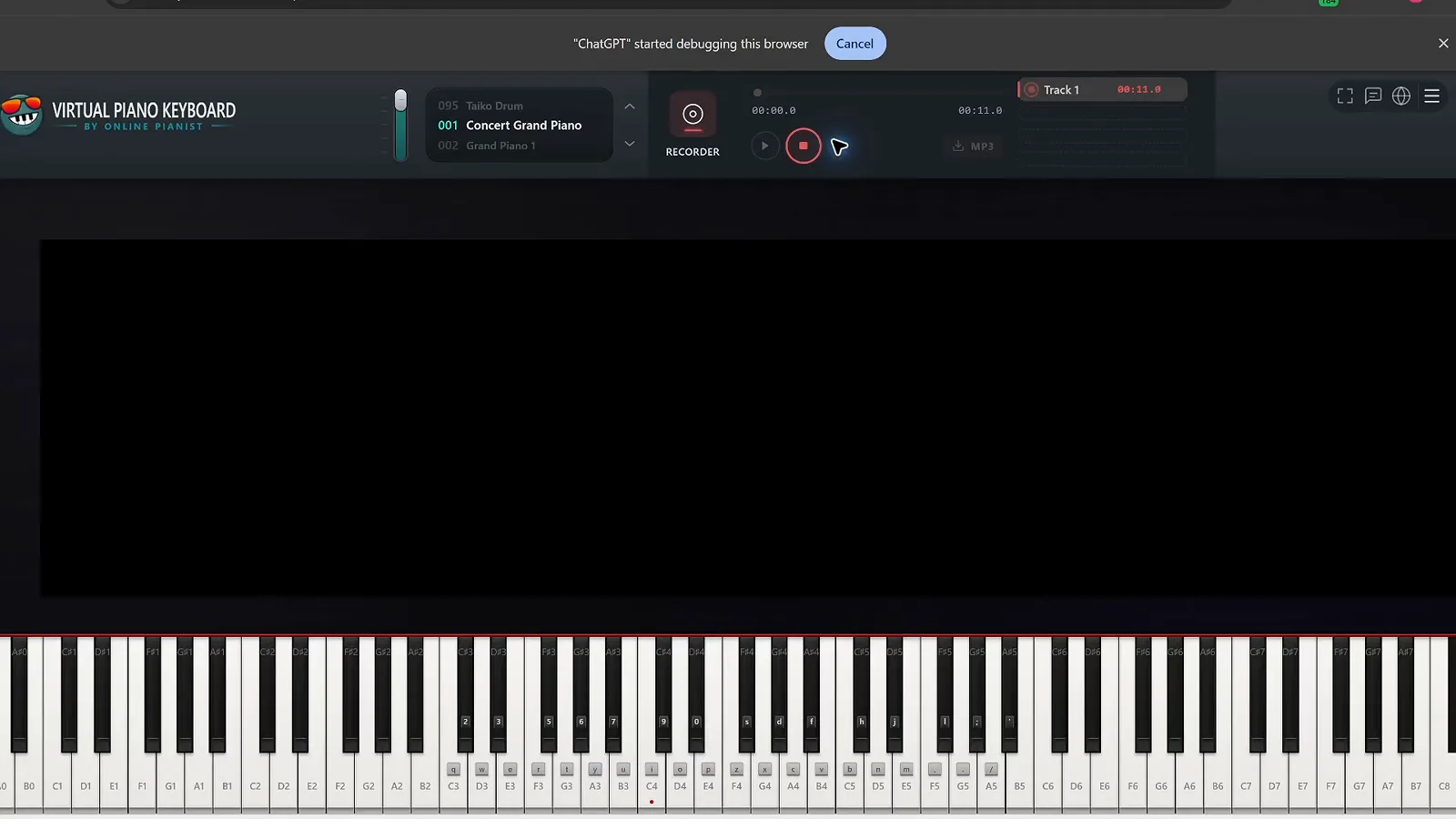 Virtual Piano Keyboard 录制面板，Track 1 已就绪并选中 Concert Grand Piano 音色，顶部横幅显示 ChatGPT 正在调试浏览器