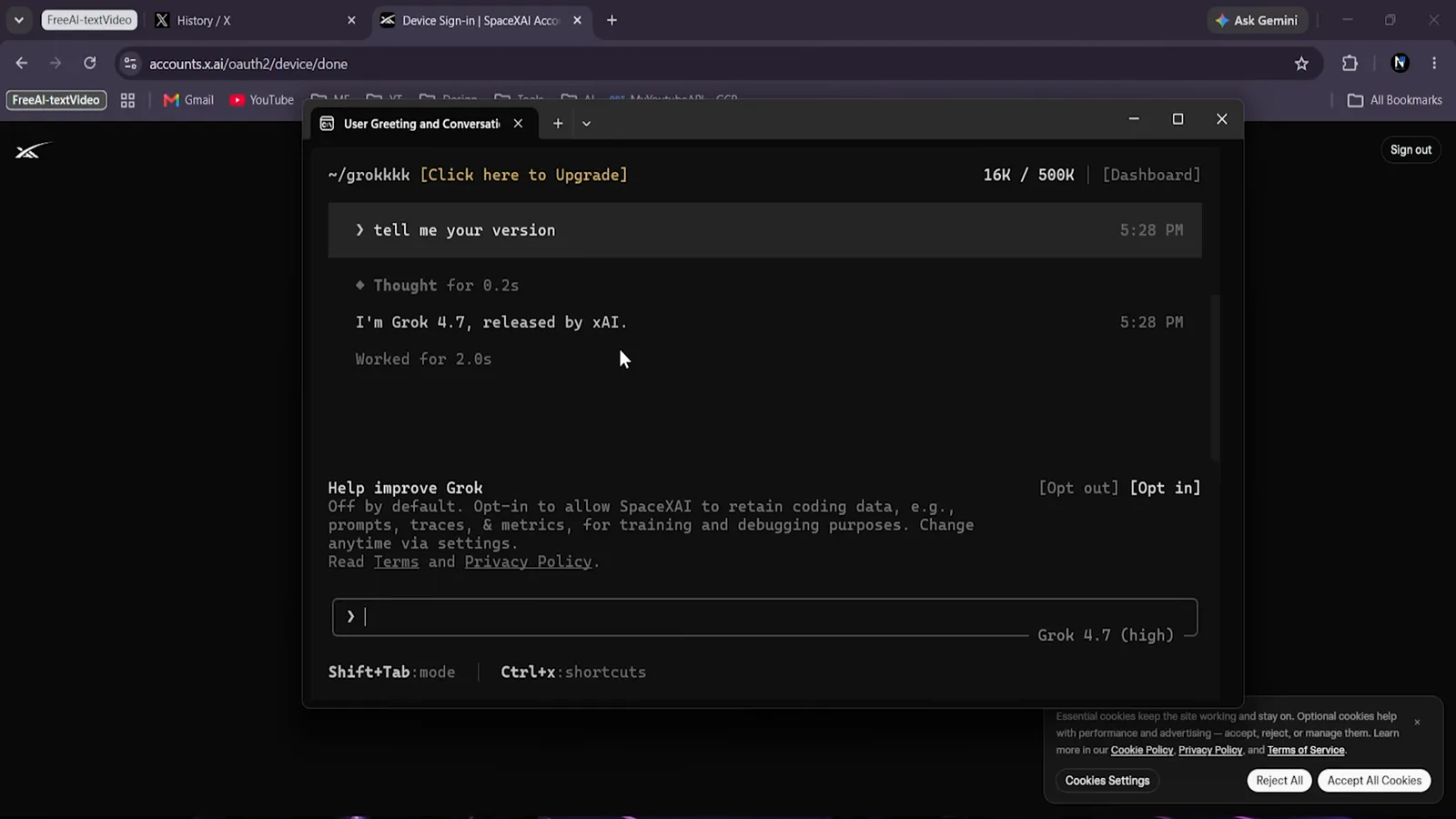 Terminal showing the Device Authorized confirmation after completing Grok Build sign-in with a device code