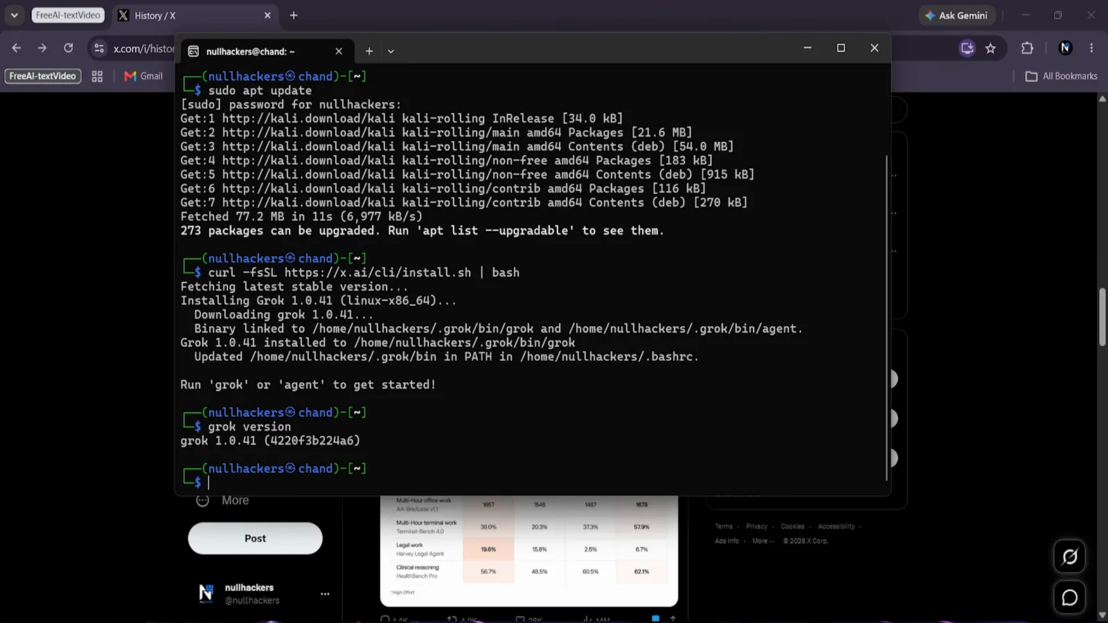 Terminal output of the Grok Build installer downloading packages and finishing at a ready grok prompt