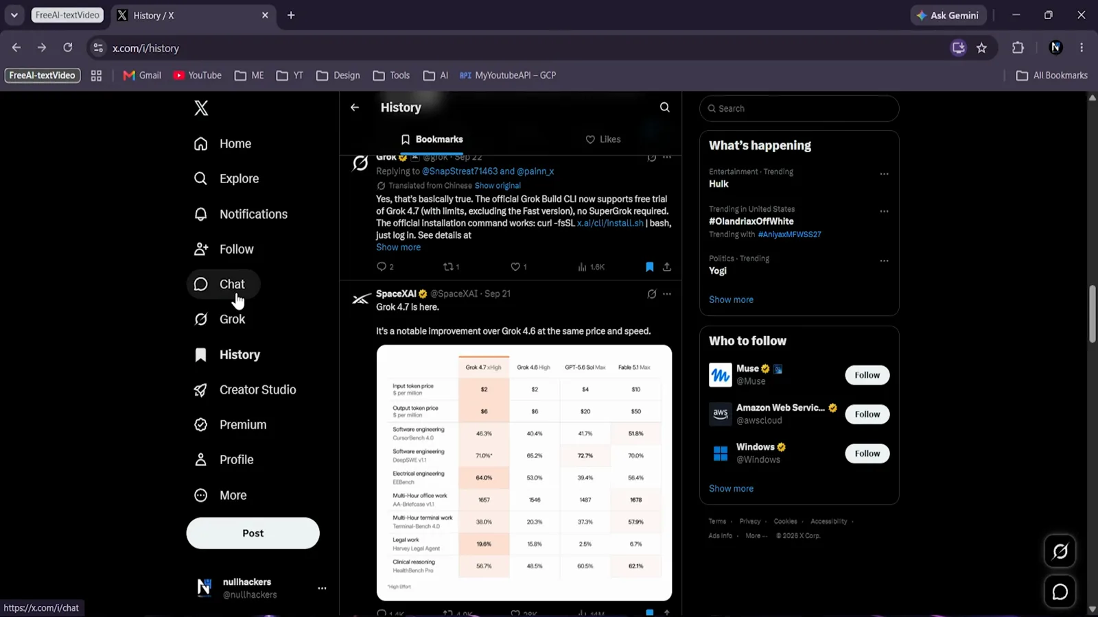 X timeline showing Grok posts about the Grok 4.7 launch with benchmark charts in the feed