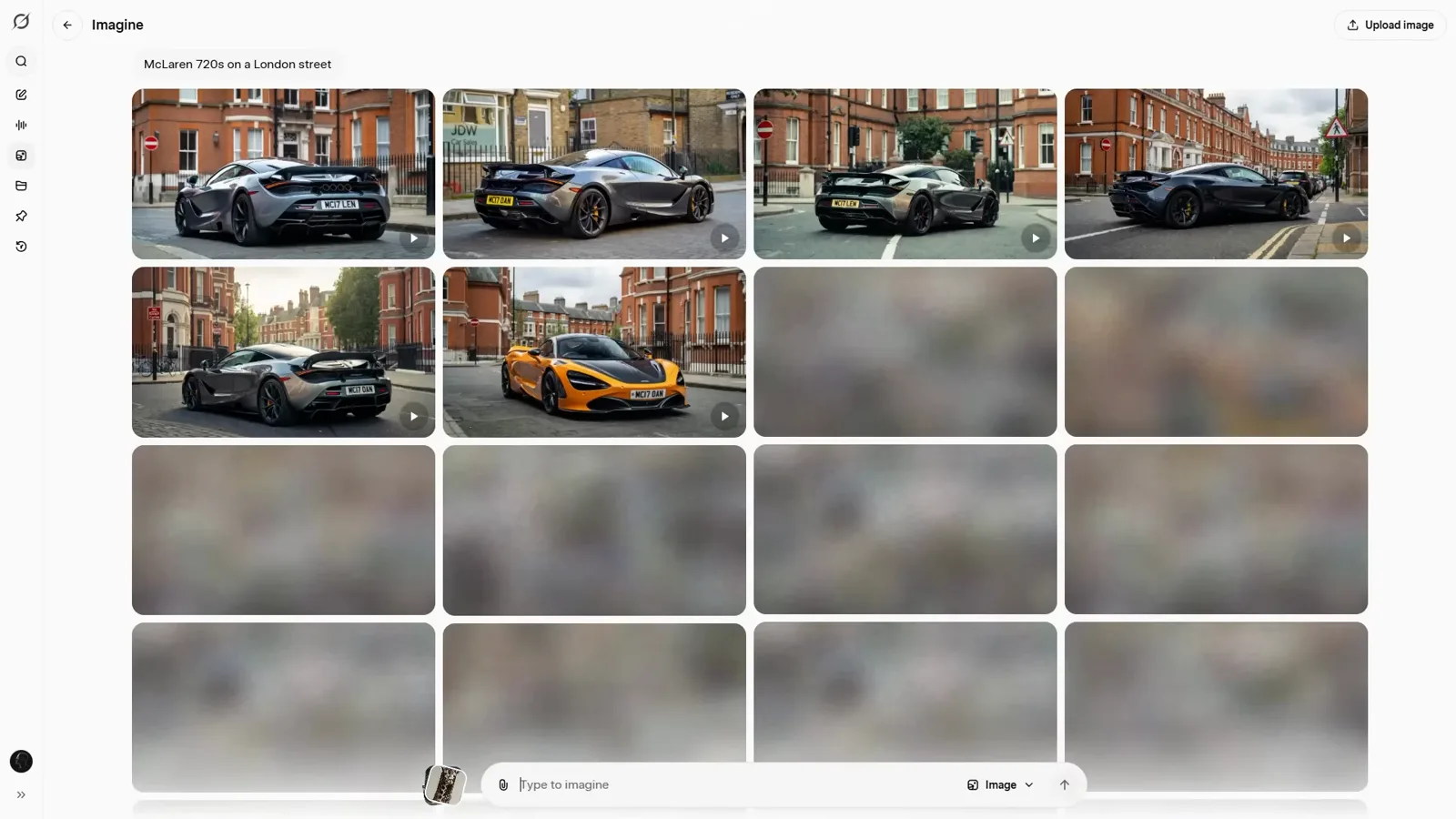 Grok Imagine grid mid-generation with the top McLaren tiles rendered sharp and the lower tiles still blurred placeholders