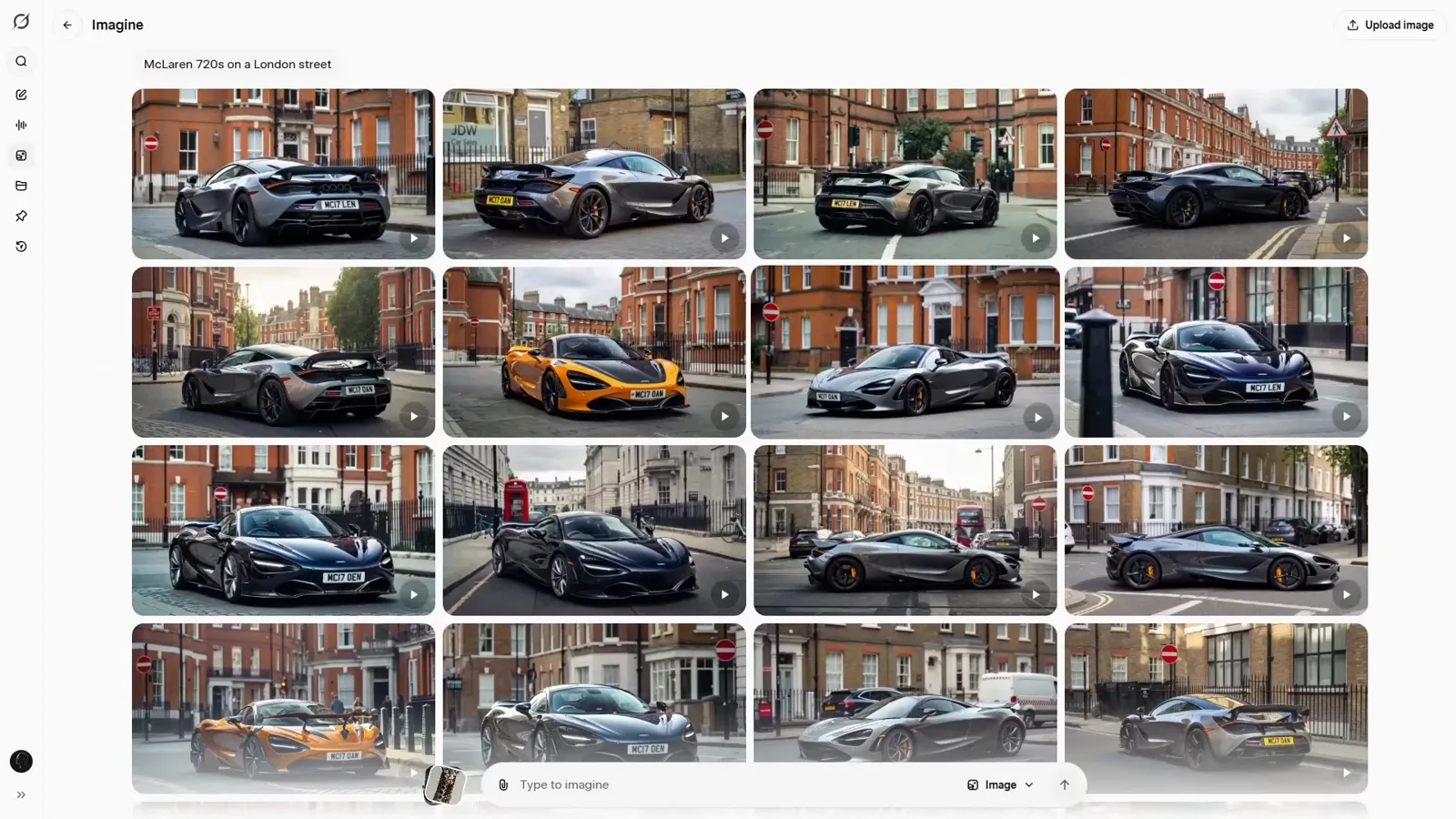 Completed sixteen-image batch of McLaren sports cars on London streets showing varied angles, colors, and street scenes