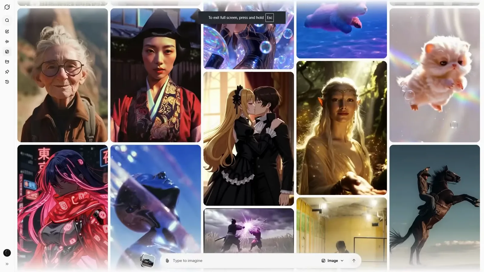 Explore feed in Grok Imagine displaying cyberpunk portraits, anime characters, and fashion photography tiles for style inspiration